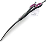 Ergonomic dog hair cutting scissors with purple finger rings and case