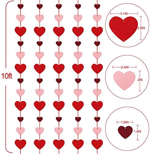 Close up view of the durable felt texture on the romantic red heart garlands for party supplies