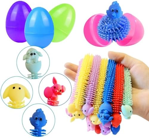 Tactile bunny and chick stretchy noodle toys extended out of open holiday prize eggs