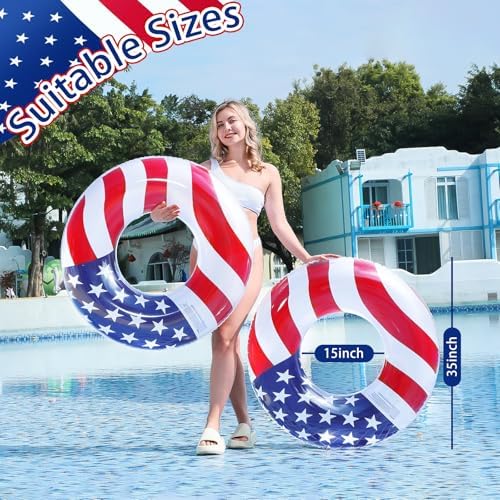 Inflatable patriotic American flag swim tubes for adults and kids.