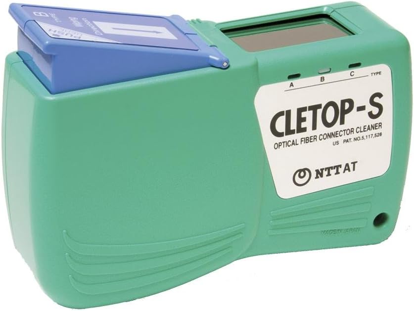 Cletop S Type B fiber optic connector cleaner with blue tape showing handheld cassette view
