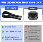 Mcotop stove knob protector showing locking mechanism for child safety