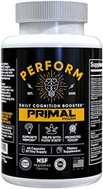 Primal Pharm Perform cognitive enhancement supplement bottle display detailing focus and memory benefits.