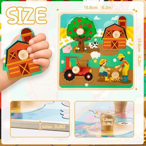 Educational fruit pattern wooden puzzle piece lifted by its knob handle showing the precise slot fit.