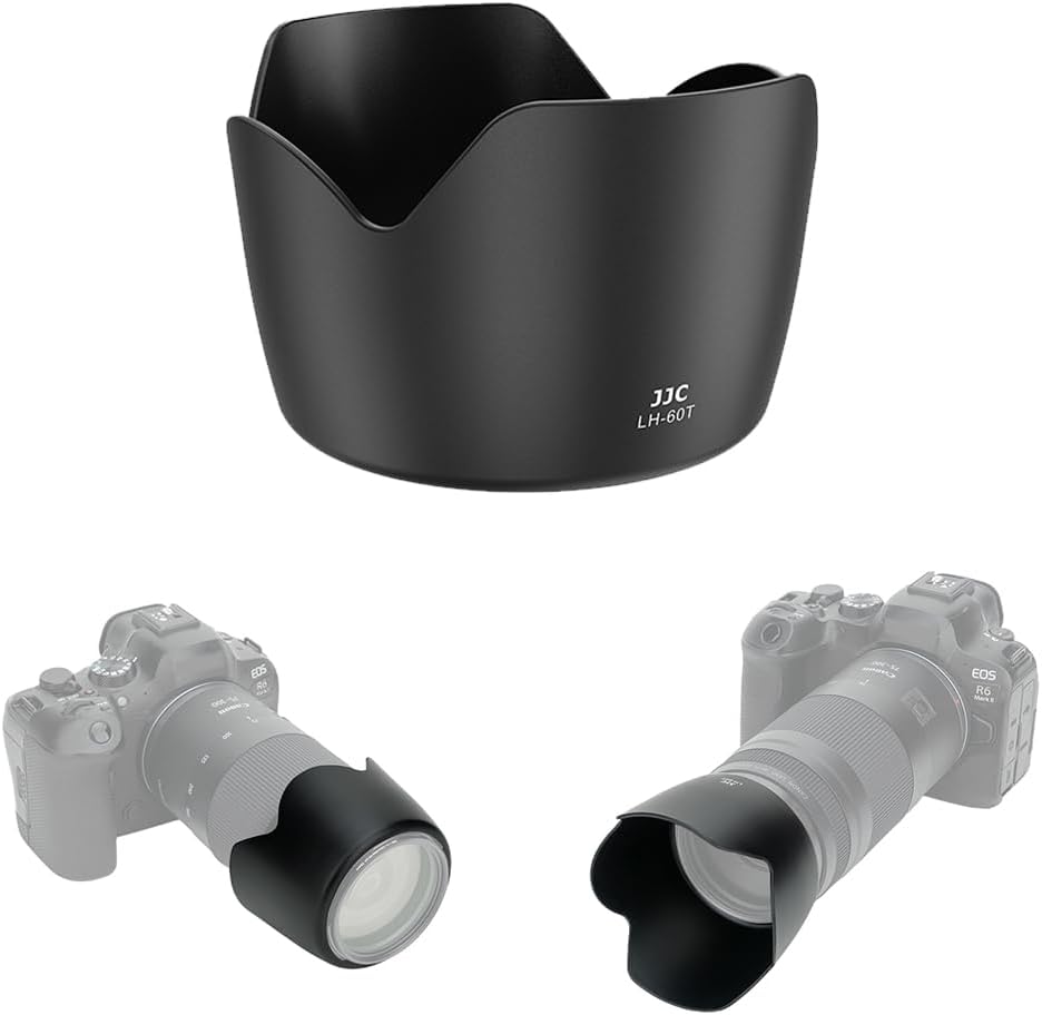 JJC ET-60 lens hood attached to a Canon telephoto lens front view