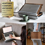 Vigo Wood couch laptop table holding a sixteen inch laptop demonstrating full workspace layout.