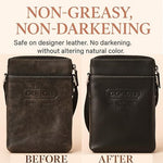 Leather Hero purse cleaner cream demonstrating quick absorption on black smooth leather