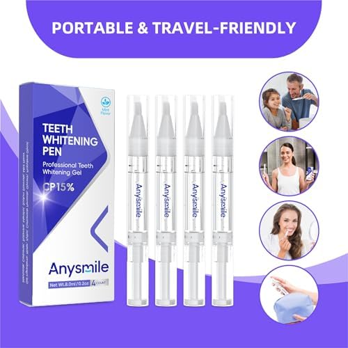 Four travel friendly two milliliter teeth whitening pens by Anysmile displayed with packaging.