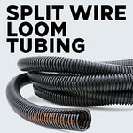 Close up look of black quarter inch convoluted tubing highlighting the convenient side split opening