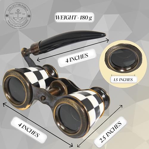 Side profile of checkered opera glasses showing handle grip