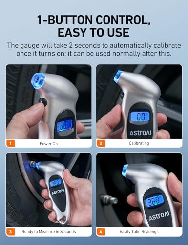 AstroAI digital tire pressure gauge showing PSI measurement setting