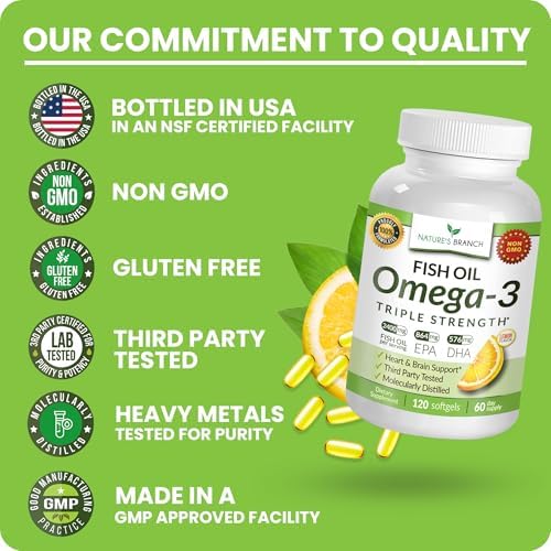 Nature's Branch EPA and DHA rich omega 3 daily fish oil softgels bottle alongside fresh lemon slices indicating the burpless flavor profile.