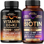Nutraharmony Vitamin D3 K2 and Biotin front view bottles showcasing high potency formula.