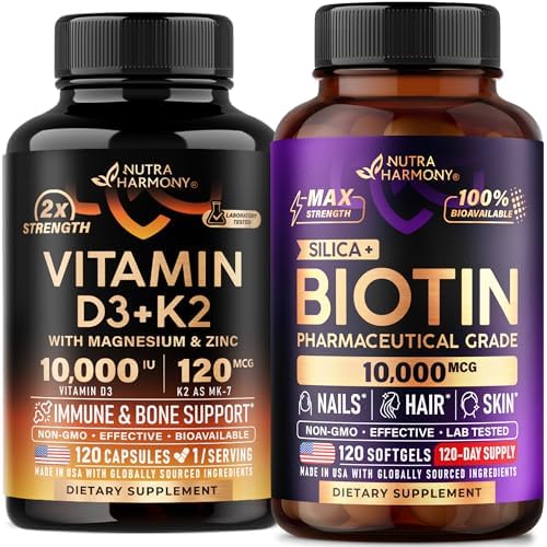 Nutraharmony Vitamin D3 K2 and Biotin front view bottles showcasing high potency formula.