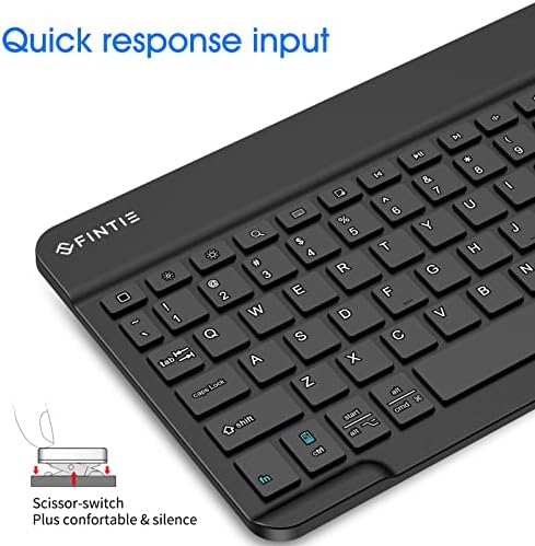 Fintie durable black wireless keyboard shown inside a travel handbag showcasing everyday portability