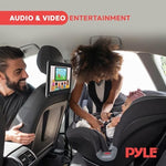 Pyle car rear-seat television monitor showing the built-in wiring harness connections and auxiliary audio input jack