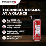 CorrosionX lubricant applied to rusted metal bolts