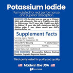 Back label view of HealthFare potassium iodide showing supplement facts ingredient listings and emergency warnings