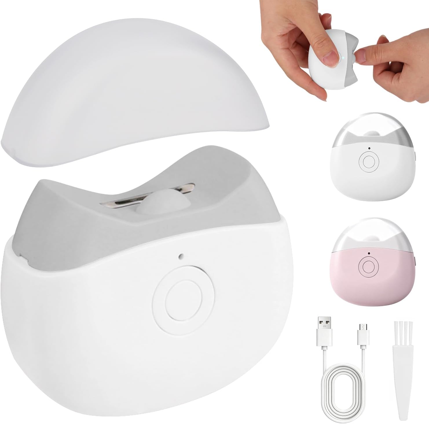 Luvandier automatic electric nail clipper in white front view showing the ergonomic grip and power button.
