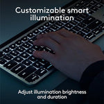 Logitech premium Mac wireless keyboard angled profile view highlighting the slim ergonomic architecture and space grey colorway.