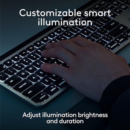 Logitech premium Mac wireless keyboard angled profile view highlighting the slim ergonomic architecture and space grey colorway.