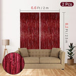 Bachelorette party photo booth setup featuring PartyWoo burgundy red tinsel stream curtains as a vibrant background.
