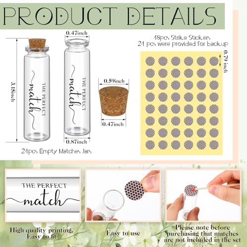 Clear glass favor bottles with natural wood cork lids and honeycomb striker stickers.