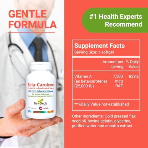 Authentic New Roots Herbal mixed carotenoids softgel capsules showing size and color
