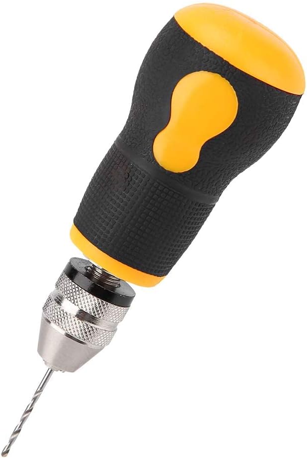 Yosoo hand drill front view showing ergonomic yellow and black handle and metal chuck