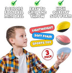 Three soft polyurethane foam footballs displayed individually to showcase the high visibility red blue and yellow designs.