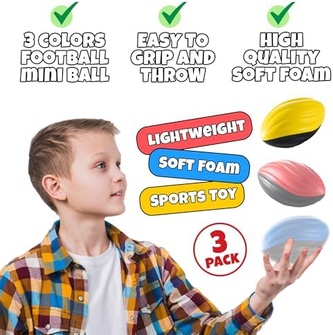 Three soft polyurethane foam footballs displayed individually to showcase the high visibility red blue and yellow designs.