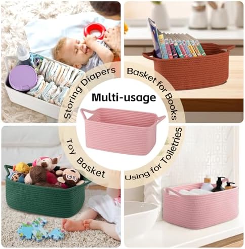 OIAHOMY natural nursery organizer basket holding baby clothes and diapers on a shelf.