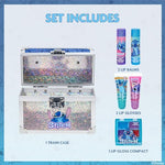 Disney Stitch kids makeup kit displaying open train case with lip gloss tube and balm
