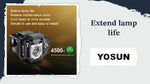 Complete product packaging view of the YOSUN replacement projector bulb with housing unit.