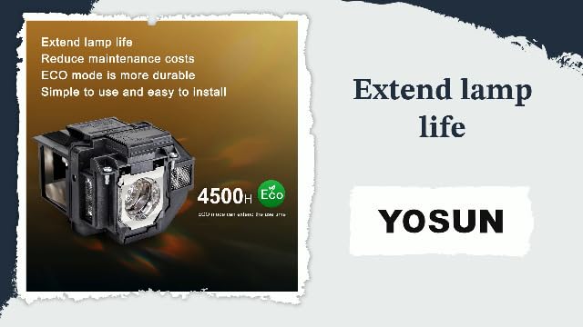 Complete product packaging view of the YOSUN replacement projector bulb with housing unit.