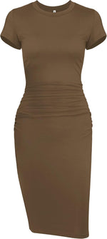 Missufeintl Women's Bodycon Ruched Short Sleeve T Shirt Midi Sundress Fitted Casual Dress - Image 9