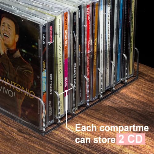 Vowcarol clear acrylic CD display rack arranged side by side on an office countertop.