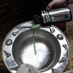 Flitz liquid polish demonstrating rust and oxidation removal on chrome automotive parts.