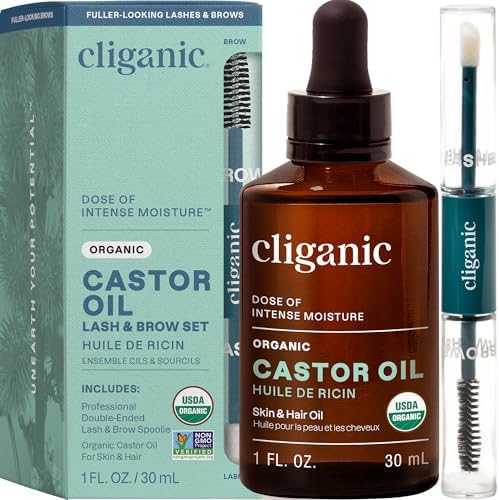 Cliganic Organic Castor Oil, 100% Pure (1oz Glass Bottle with Eyelash Kit) - For Eyelashes, Eyebrows, Hair & Skin - Image 1