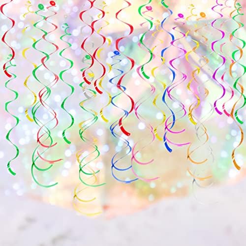 Shimmering multi-colored spiral foil decorations installed outdoors for a graduation party background.