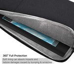 Black pen monitor travel sleeve with tuck away side handle being placed into a backpack.