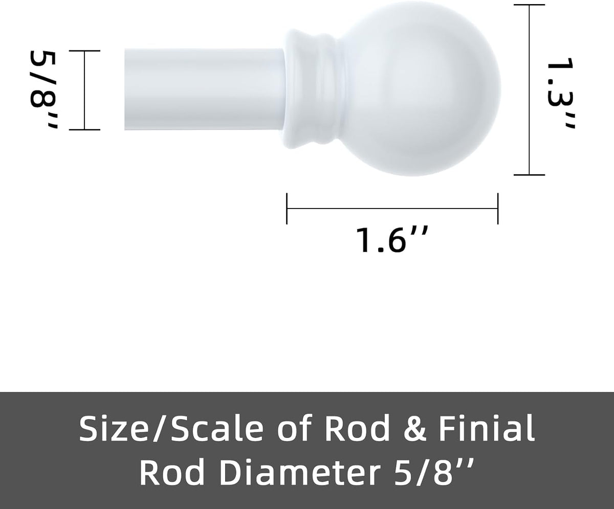 Close up of decorative ball finials on white curtain rod