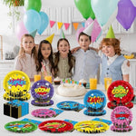Detailed shot of superhero party dinner and dessert plates