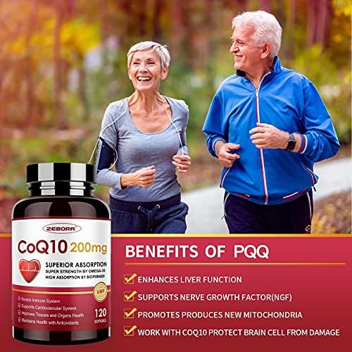 Back label of ZEBORA CoQ10 200mg showing supplement facts directions for use and mitochondrial energy claims