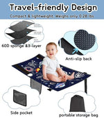 Close up of the space themed cartoon pattern and convenient mesh storage pocket on the JUELWRY kids bed.