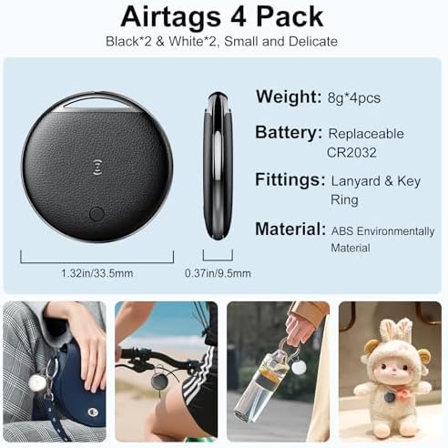 Four pack of iOS compatible smart tags arranged neatly next to an iPhone displaying the Find My app