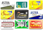 Assorted international razor blade brands in 50 count sampler pack