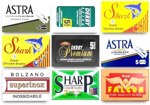 Assorted international razor blade brands in 50 count sampler pack