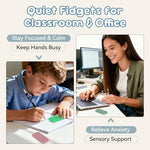 Silicone sensory calm strips attached to a laptop and phone case for office focus.