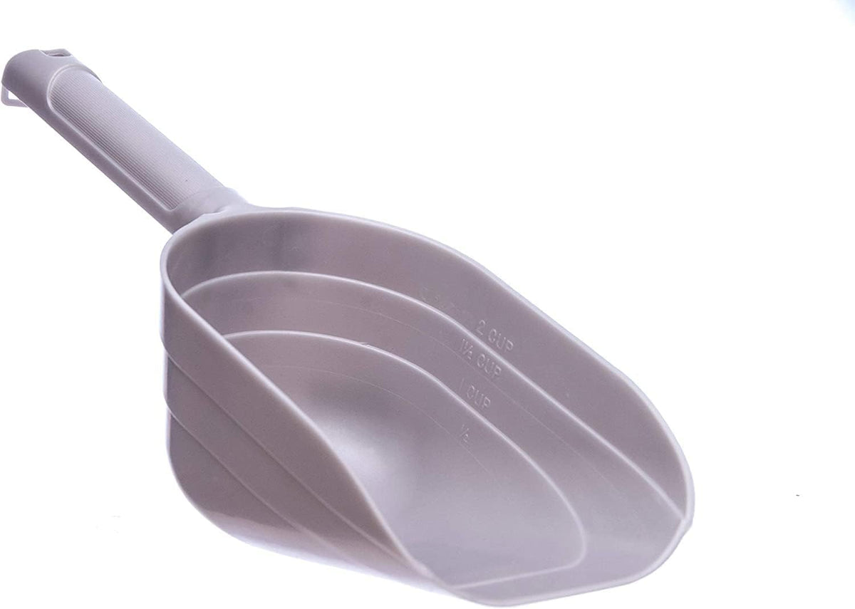 Petmate silver kibble utensil handle with hanging hole detail